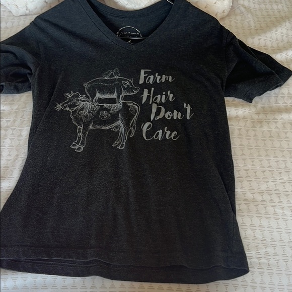 Tops - Black Graphic Tee with Farm Hair Print